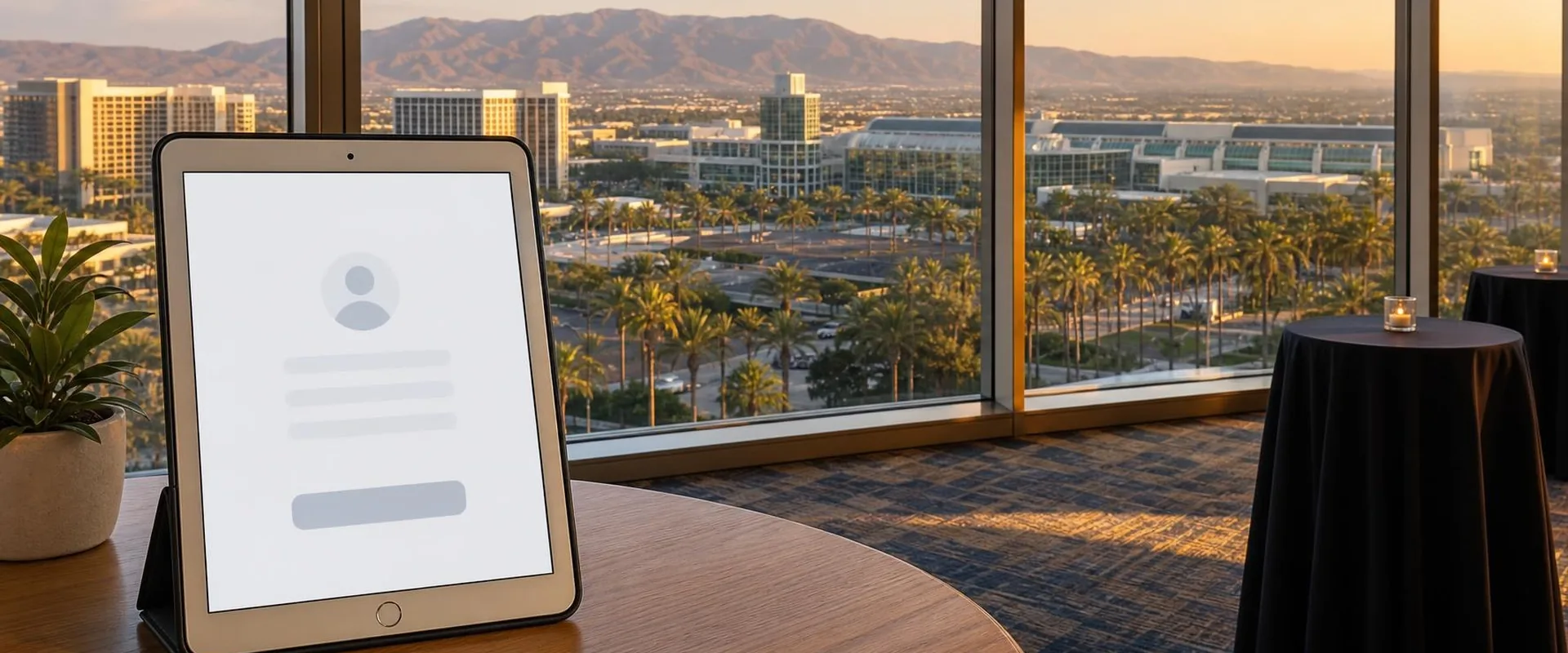 iPad check-in screen in a black folio stand on a table in a high-rise Anaheim event space, overlooking the Anaheim Convention Center area, palm trees and the mountains beyond