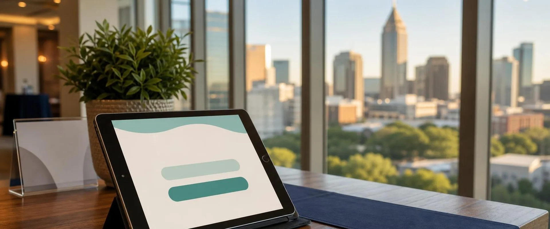 iPad check-in screen on a table in a high-floor Atlanta event space, with the Bank of America Plaza spire and Midtown skyline above green treetops behind it