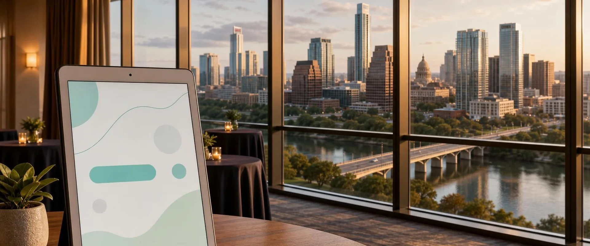 iPad check-in screen in a black folio stand on a table in a high-rise Austin event space, with the downtown skyline, the Texas State Capitol dome and a bridge over Lady Bird Lake behind it