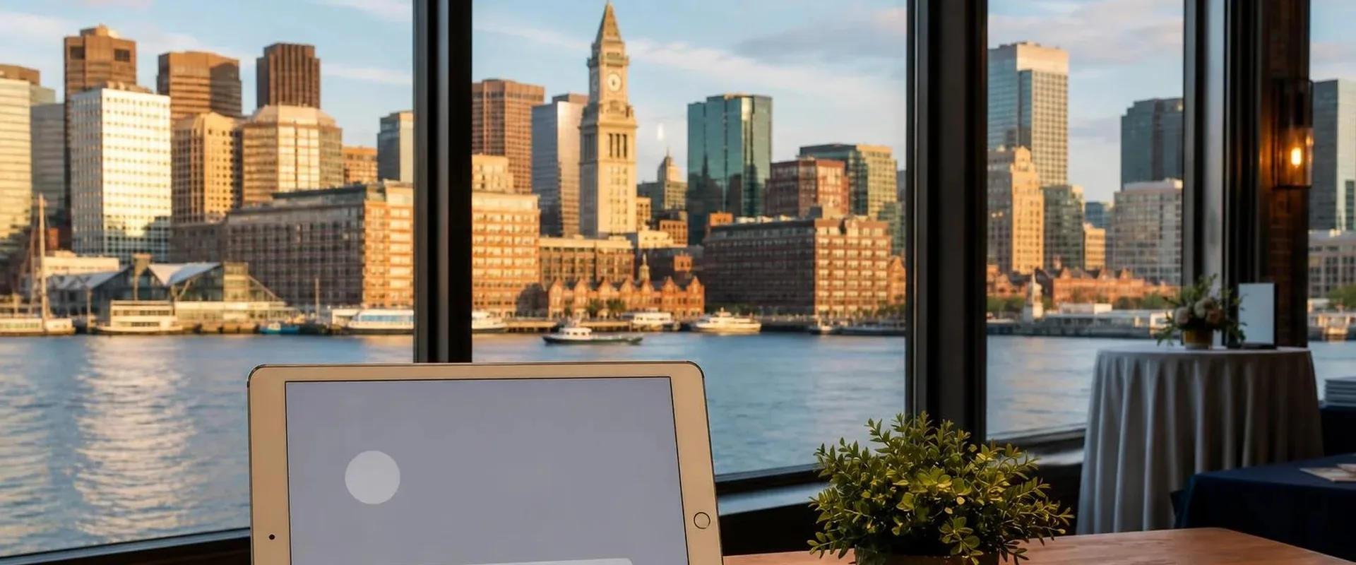 iPad on a check-in table in a Boston waterfront event space, with the Custom House Tower and the harbor skyline behind it
