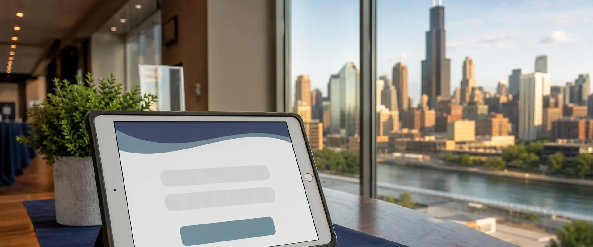 iPad check-in screen on a table in a Chicago event space, with the Willis Tower, downtown skyline and Chicago River behind it