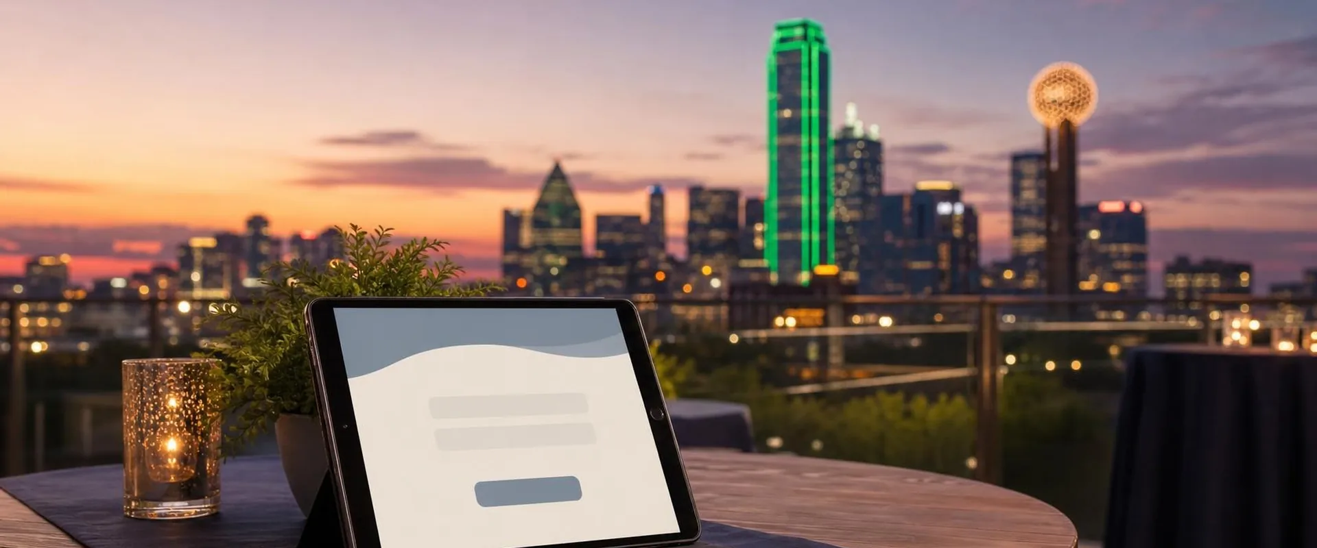 iPad check-in screen on a rooftop terrace table in Dallas, with Reunion Tower and the downtown skyline at dusk behind it