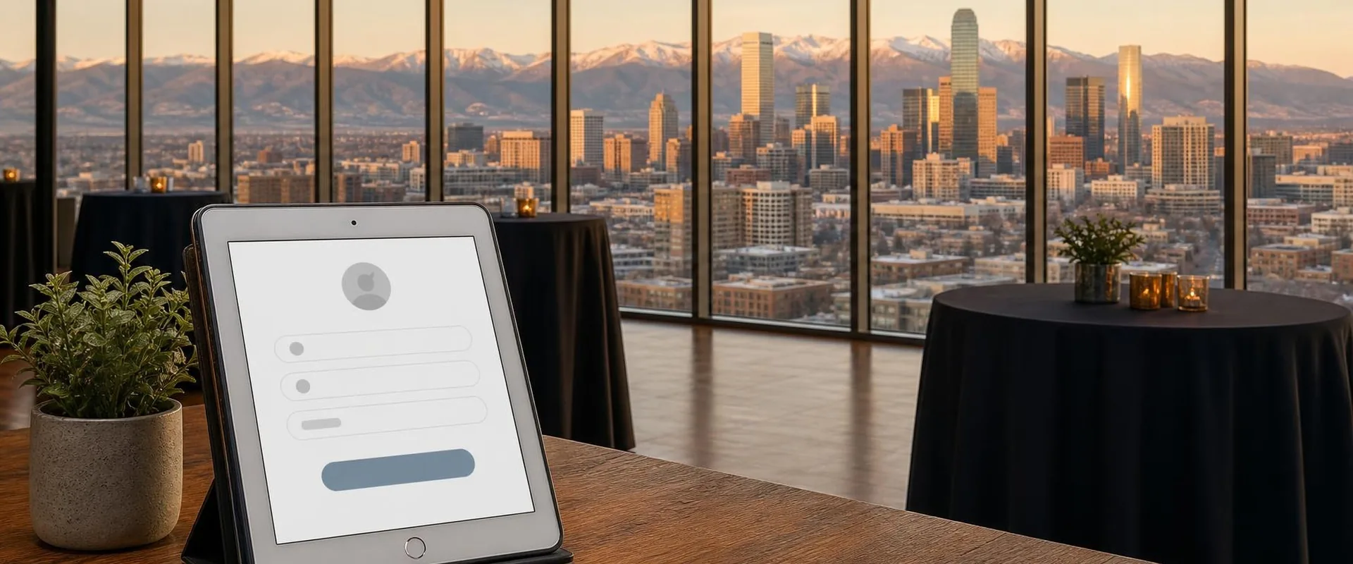 iPad check-in screen in a black folio stand on a table in a high-rise Denver event space, with the downtown skyline and the snow-capped Rocky Mountains behind it