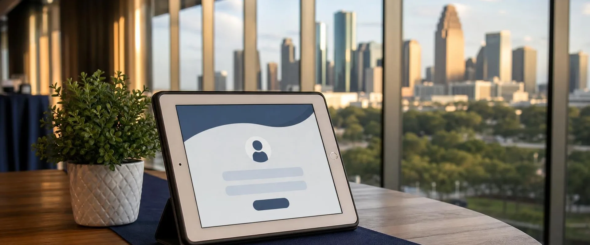 iPad check-in screen on a table in a high-floor Houston event space, with the downtown skyline and TC Energy Center above park trees behind it