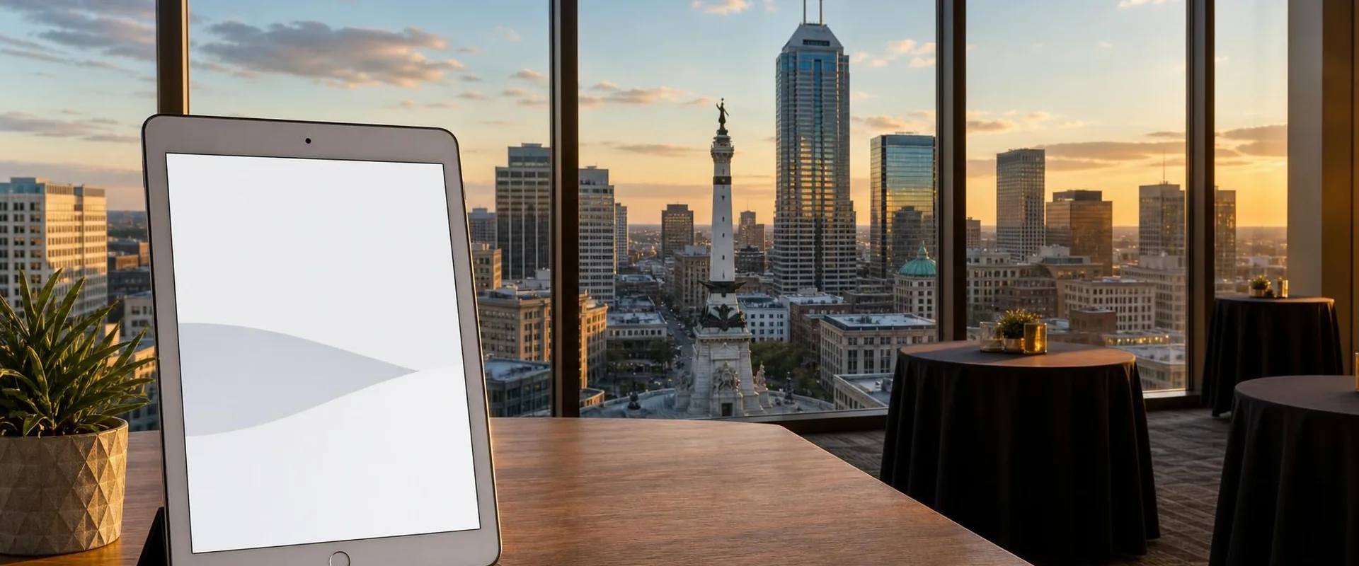 iPad check-in screen in a black folio stand on a table in a high-rise Indianapolis event space, with the Soldiers' and Sailors' Monument and the downtown skyline behind it