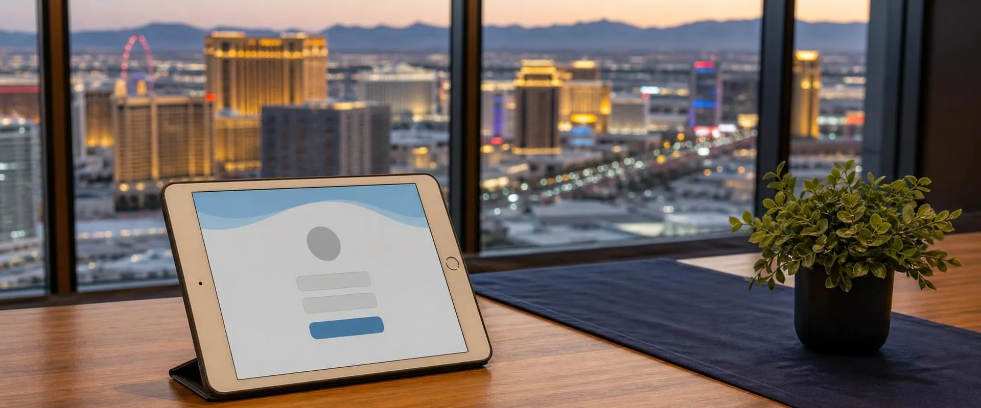 iPad check-in screen on a wood table with the Las Vegas Strip at dusk behind it