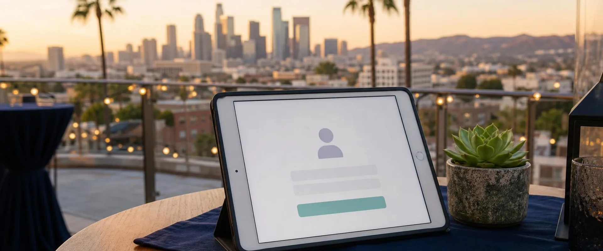 iPad check-in screen on a rooftop terrace table in Los Angeles, with palm trees and the downtown skyline at golden hour behind it
