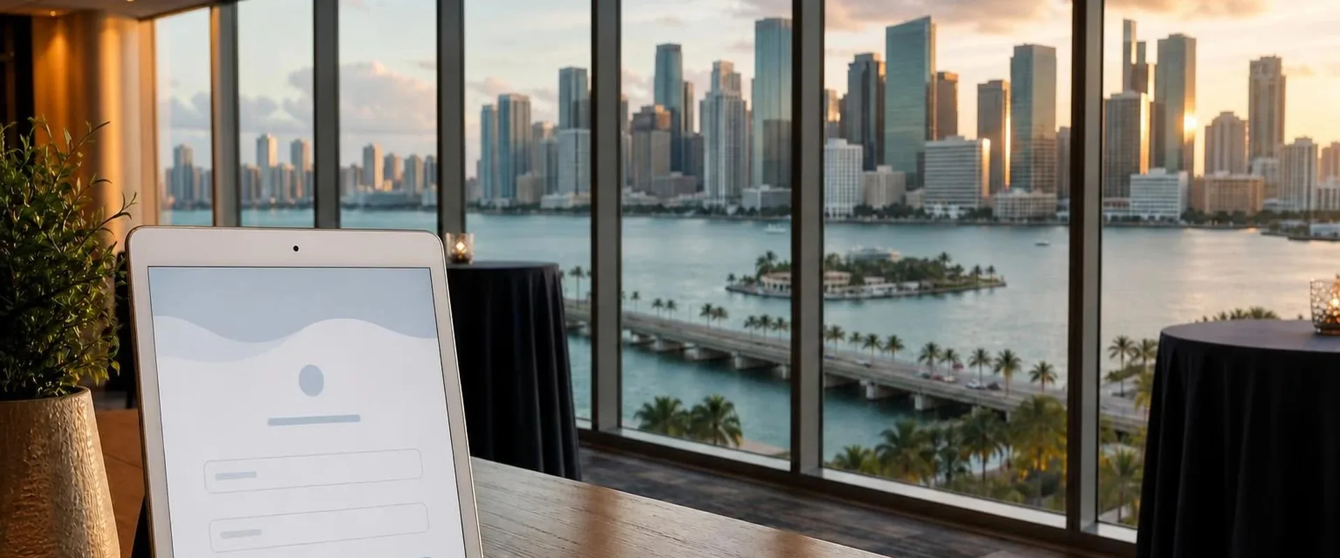 iPad check-in screen in a black folio stand on a table in a high-rise Miami event space, with the downtown Miami skyline over Biscayne Bay, a palm-lined causeway behind it