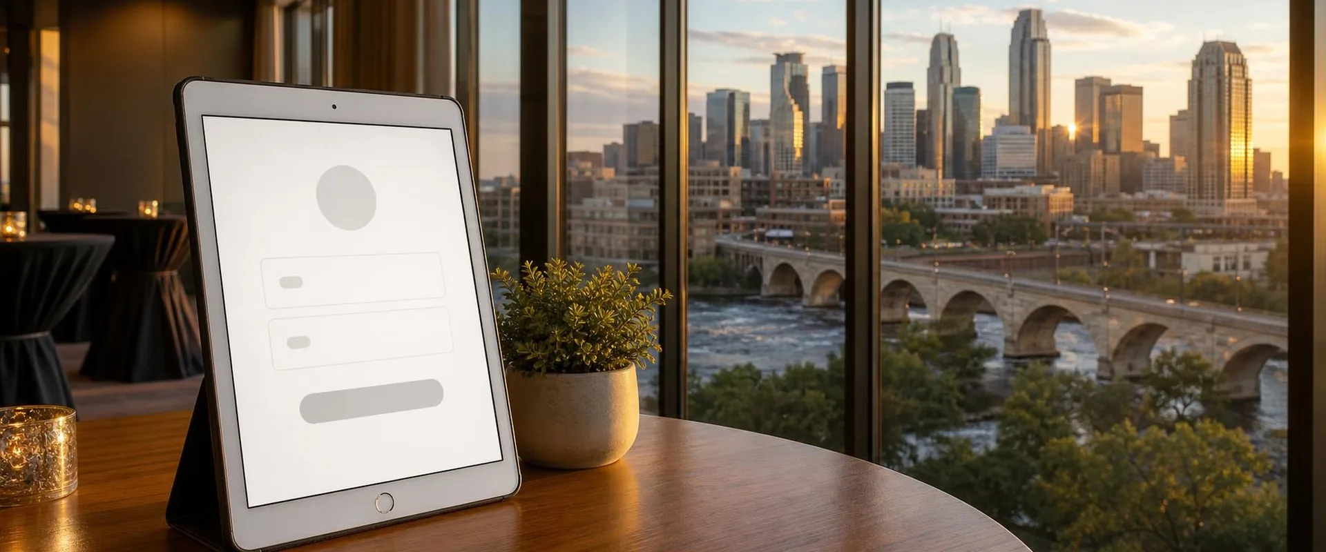 iPad check-in screen in a black folio stand on a table in a high-rise Minneapolis event space, with the downtown skyline and the Stone Arch Bridge over the Mississippi River behind it