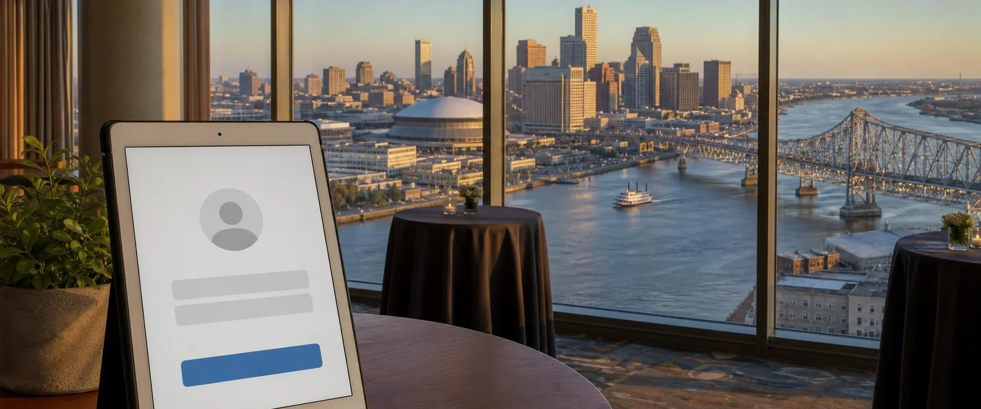 iPad check-in screen in a black folio stand on a table in a high-rise New Orleans event space, with the Superdome, the downtown skyline, the Mississippi River and the Crescent City Connection bridge behind it