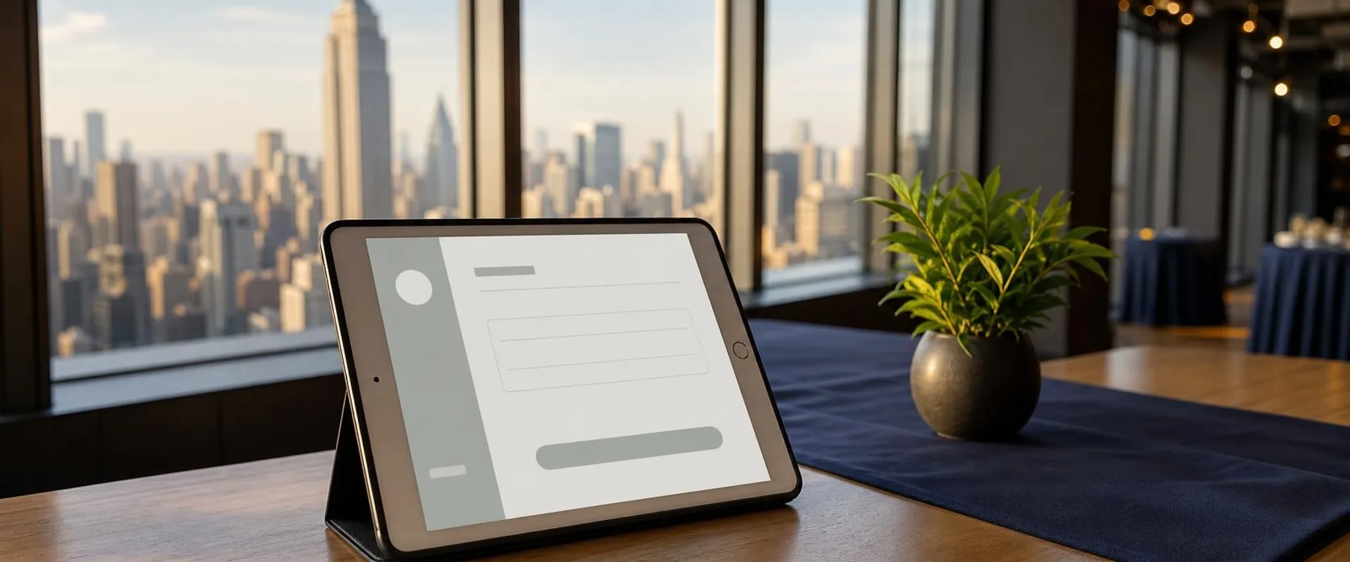 iPad on a check-in table in a New York event space, with the Empire State Building and Manhattan skyline behind it