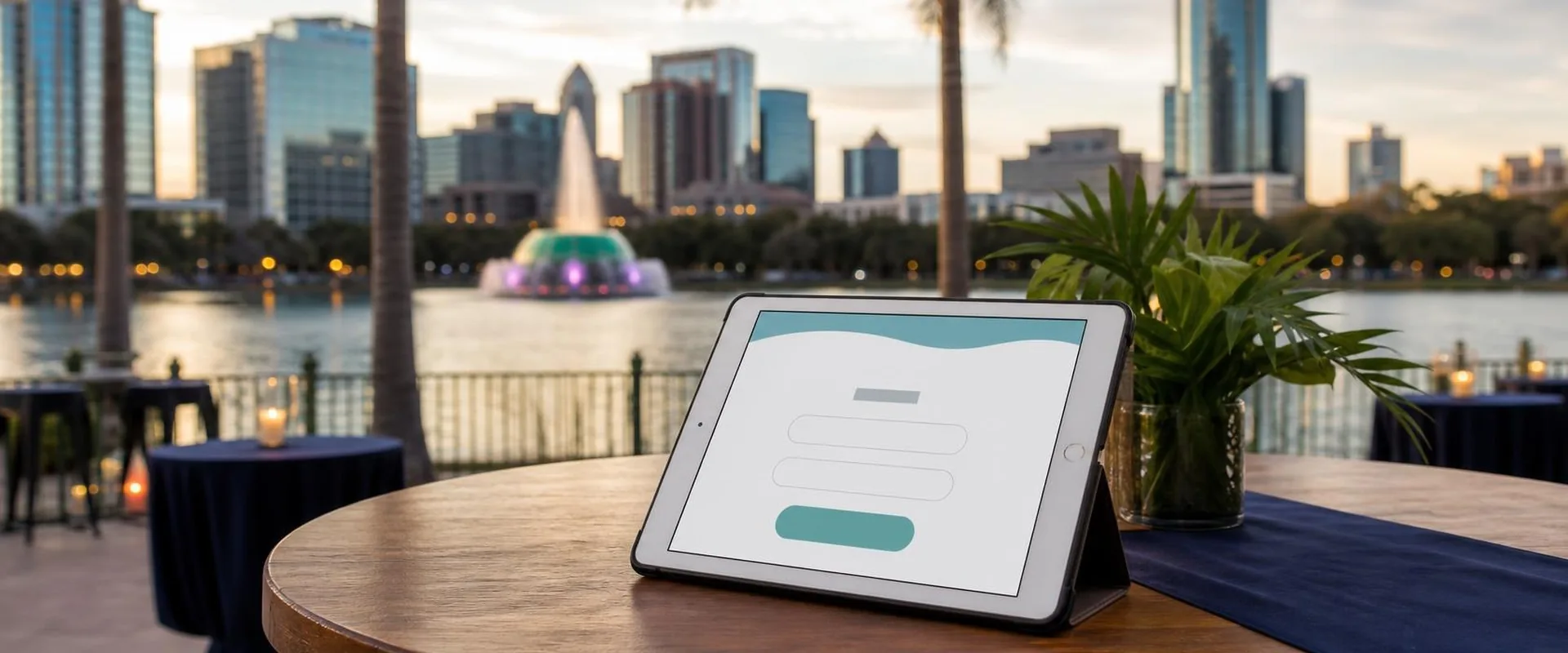 iPad check-in screen on a patio table in Orlando, with palm trees, the Lake Eola fountain and the downtown skyline at golden hour behind it