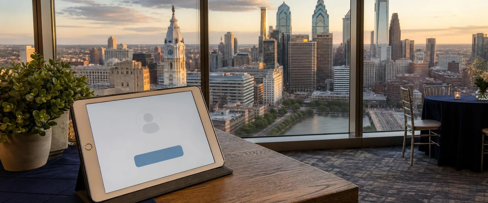 iPad check-in screen in a black folio stand on a table in a high-rise Philadelphia event space, with City Hall tower, the downtown skyline and the Schuylkill River behind it