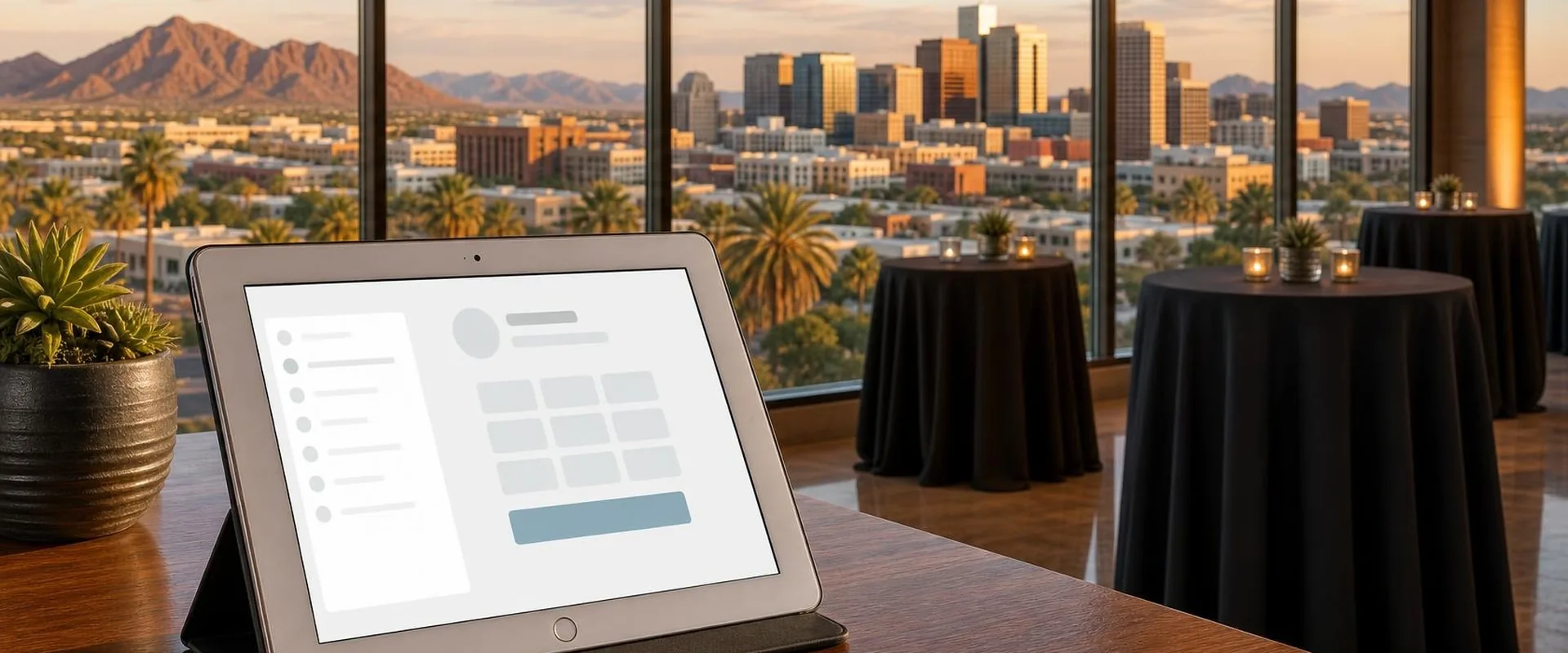 iPad check-in screen in a black folio stand on a table in a high-rise Phoenix event space, with the downtown Phoenix skyline, palm trees and desert mountains behind it