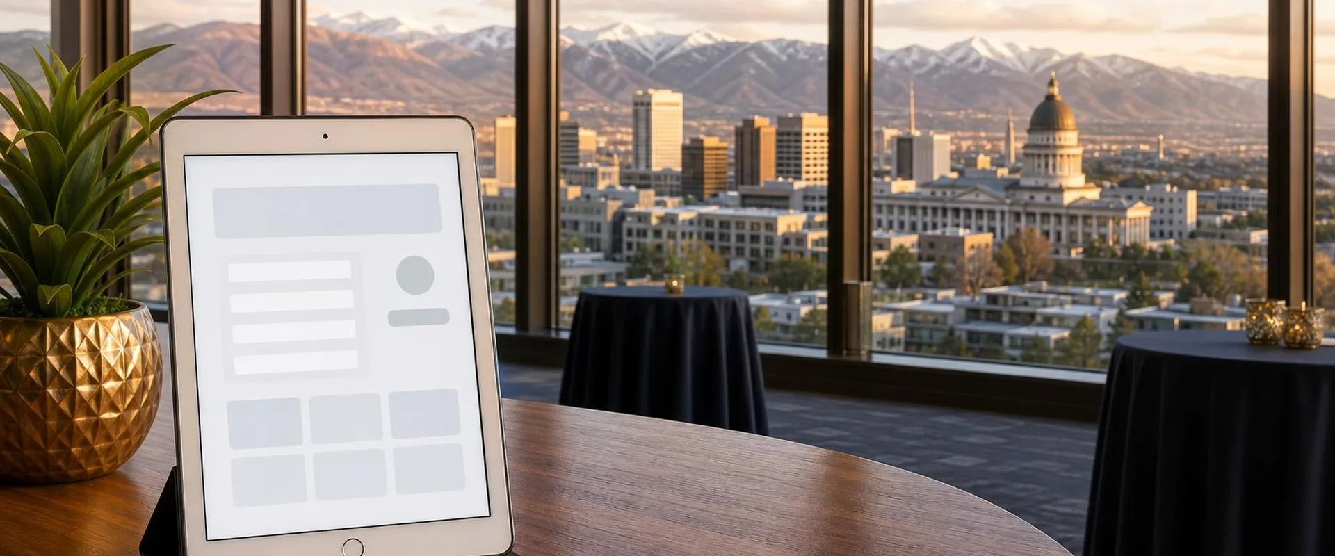 iPad check-in screen in a black folio stand on a table in a high-rise Salt Lake City event space, with the Utah State Capitol, downtown and the snow-capped Wasatch Mountains behind it