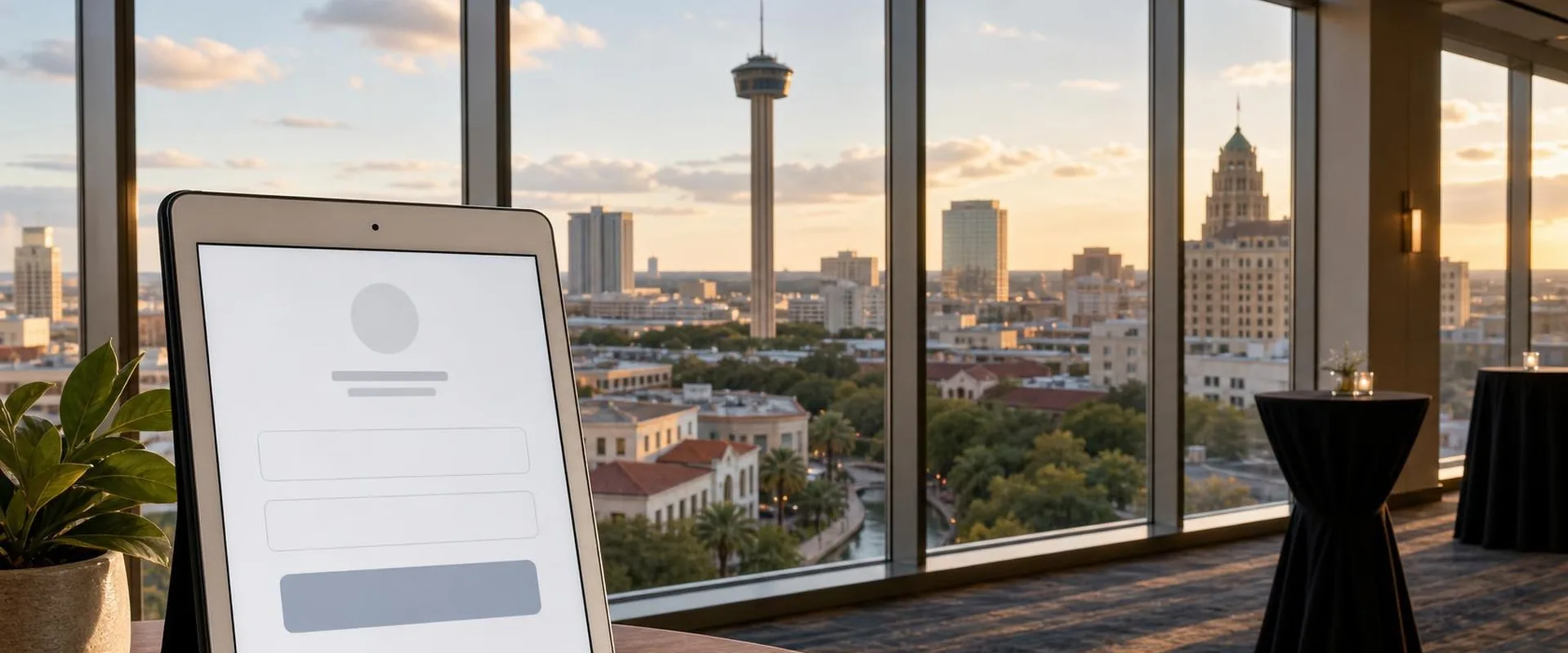 iPad check-in screen in a black folio stand on a table in a high-rise San Antonio event space, with the San Antonio skyline, the Tower of the Americas and the River Walk behind it
