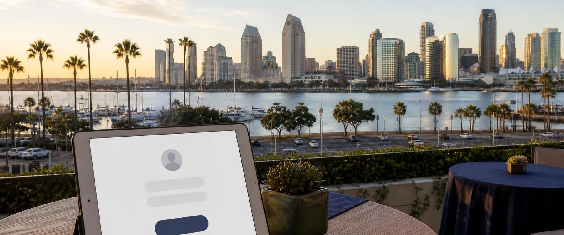 iPad check-in screen on a terrace table in San Diego, with palm trees, the bay marina and the downtown skyline at sunset behind it