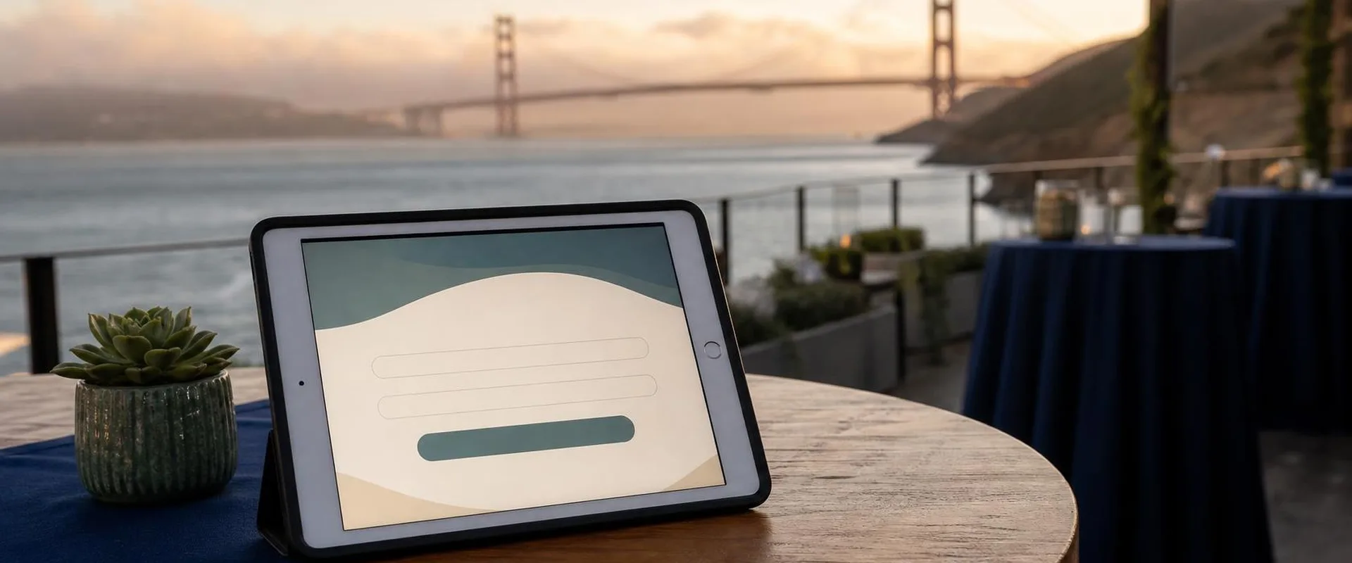 iPad check-in screen on a waterfront terrace table in San Francisco, with the Golden Gate Bridge and the bay at golden hour behind it