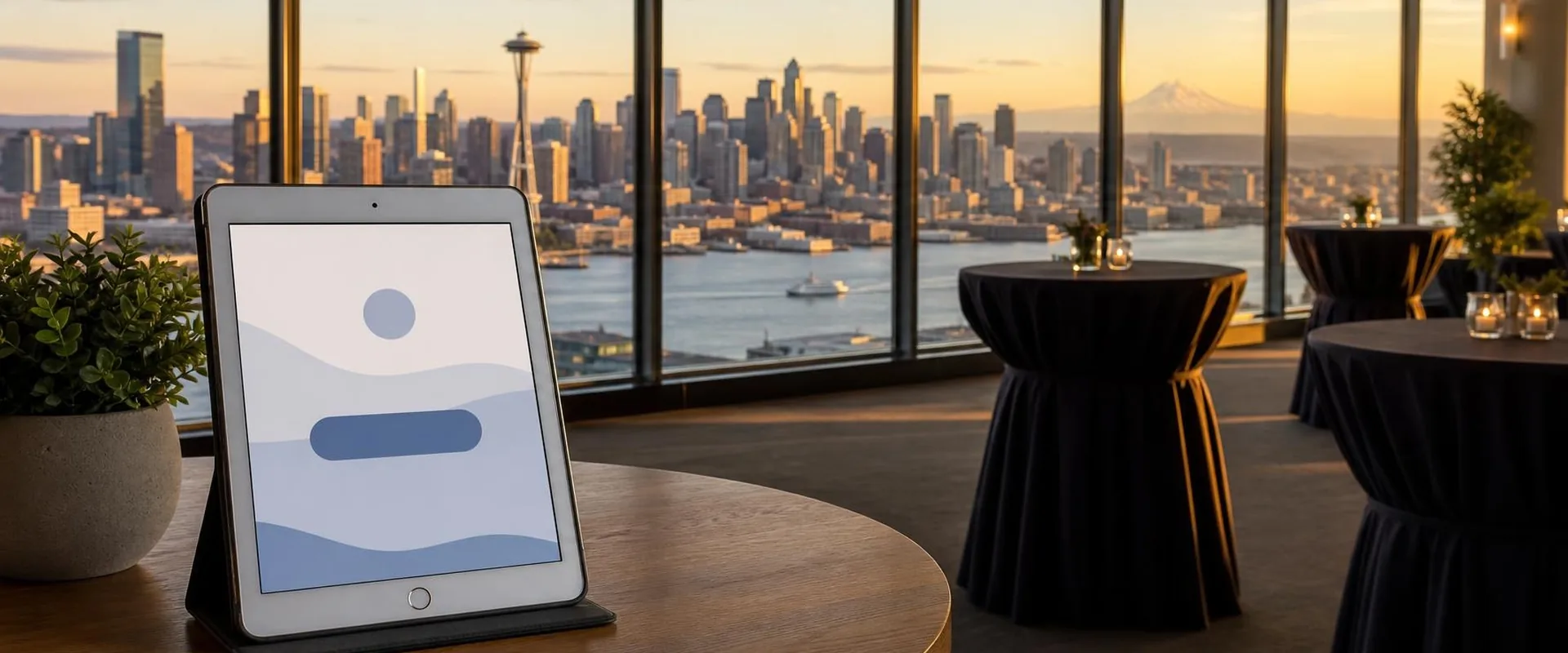 iPad check-in screen in a black folio stand on a table in a high-rise Seattle event space, with the Space Needle, the downtown skyline, Elliott Bay and Mount Rainier behind it